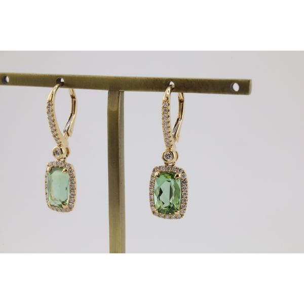 14K Yellow Gold Green Tourmaline & Natural Diamond Dangle Earrings Image 2 Puckett's Fine Jewelry Benton, KY