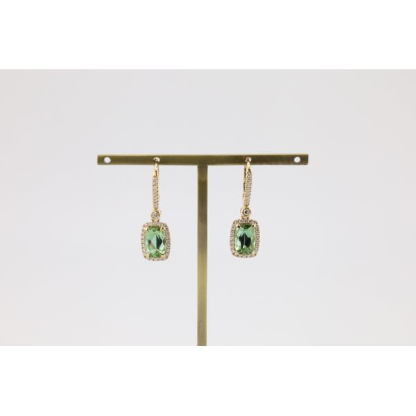 14K Yellow Gold Green Tourmaline & Natural Diamond Dangle Earrings Puckett's Fine Jewelry Benton, KY