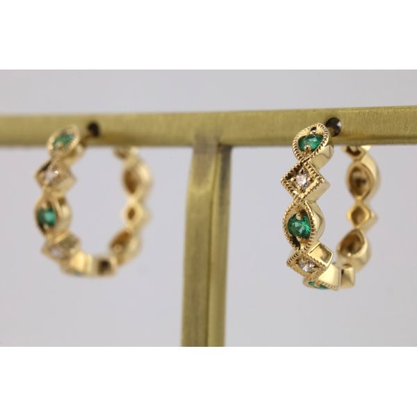 14K Yellow Gold Emerald & Natural Diamond Hoop Earrings Image 2 Puckett's Fine Jewelry Benton, KY