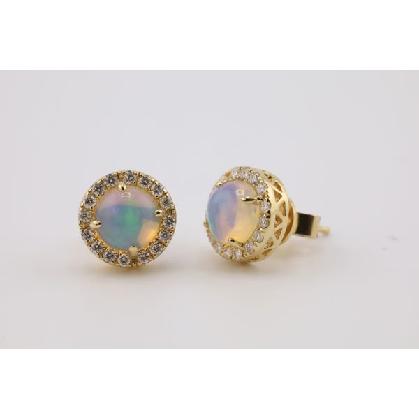 14K Yellow Gold Round Opal & Natural Diamond Halo Stud Earrings – 1.26ctw Opal, 0.30ctw Diamonds Image 2 Puckett's Fine Jewelry Benton, KY