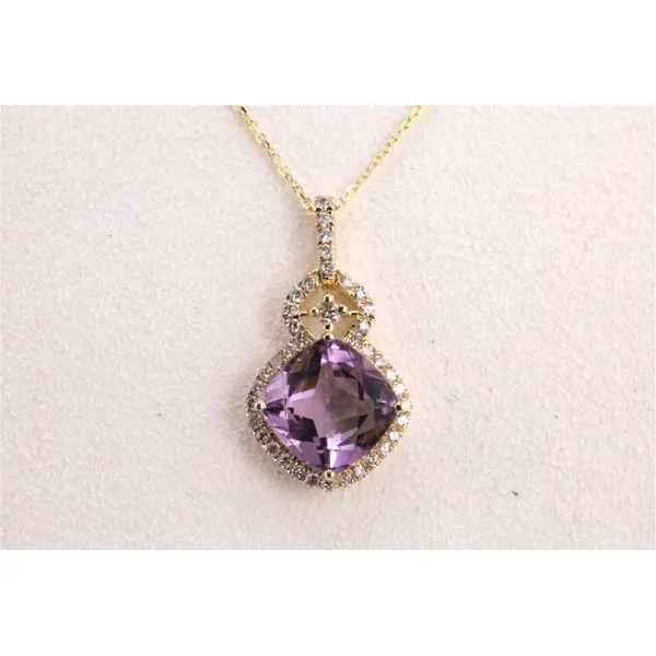 14K Yellow Gold Cushion-Cut Amethyst Pendant with Diamond Halo Image 2 Puckett's Fine Jewelry Benton, KY