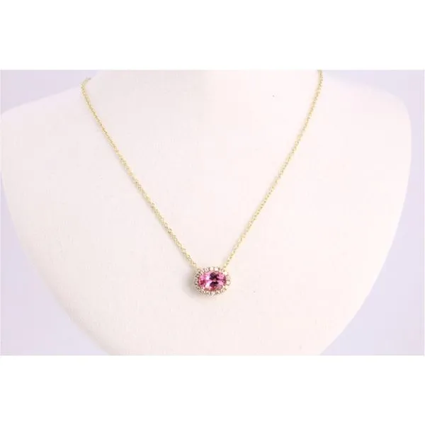 14K Yellow Gold Oval Pink Tourmaline & Diamond Halo Pendant Puckett's Fine Jewelry Benton, KY