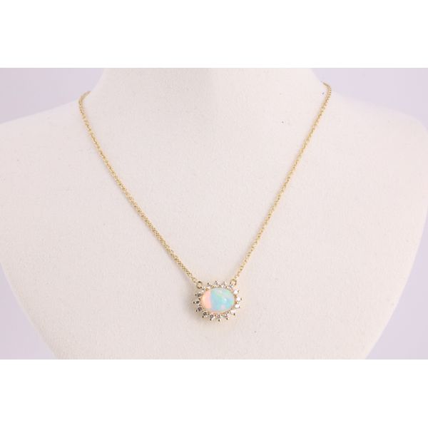 14K Yellow Gold Oval Opal & Diamond Halo Pendant Puckett's Fine Jewelry Benton, KY