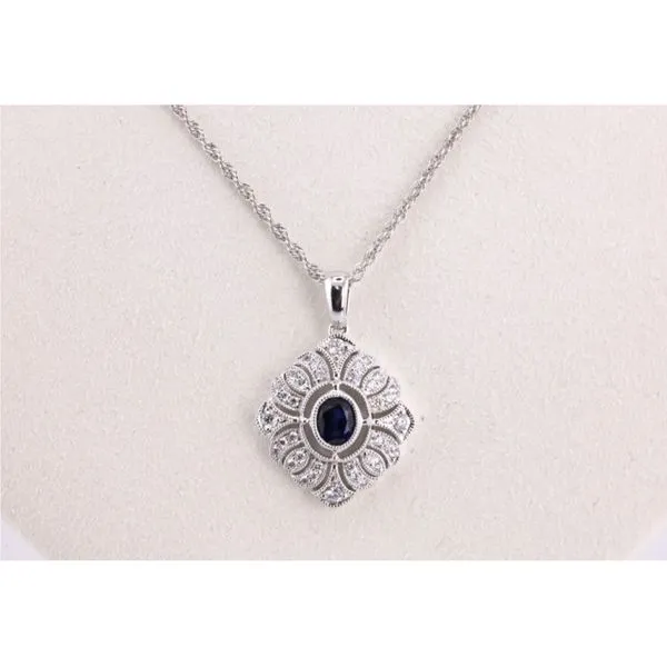 14K White Gold Sapphire & Diamond Vintage-Style Pendant Image 2 Puckett's Fine Jewelry Benton, KY
