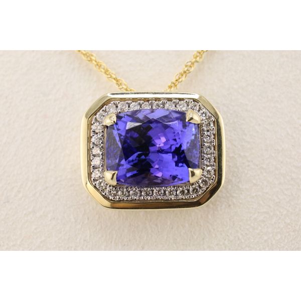 14K Yellow Gold Natural Tanzanite & Diamond Halo Pendant – 6.48ct Tanzanite, 0.30ctw Diamonds Image 2 Puckett's Fine Jewelry Benton, KY
