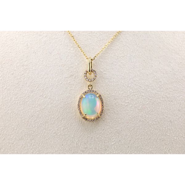 14K Yellow Gold Oval Opal & Natural Diamond Halo Pendant – 1.26ct Opal, 0.12ctw Diamonds Image 2 Puckett's Fine Jewelry Benton, KY