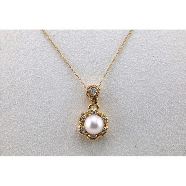 10K Yellow Gold Pearl Necklace with Diamonds Image 2 Puckett's Fine Jewelry Benton, KY