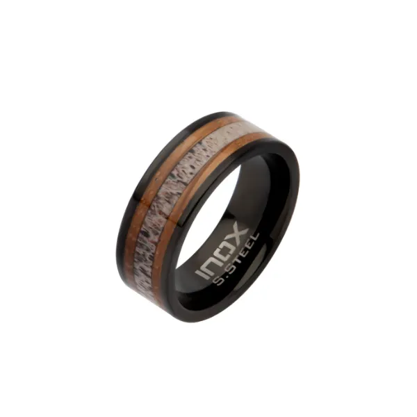 Men’s Black IP Plated Band with Deer Antler Inlay – Size 9 Puckett's Fine Jewelry Benton, KY