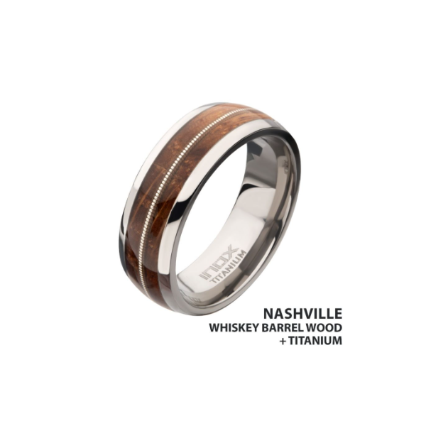 Inox Mens Titanium Band with Whisky Barrel Wood and Guitar String inlay 8mm Puckett's Fine Jewelry Benton, KY