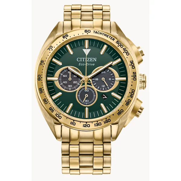 Citizen Mens Eco Drive Watch, Chronograph, Stainless/Yellow Plated/ WR100, Green Face Puckett's Fine Jewelry Benton, KY