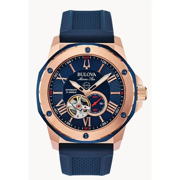 Bulova Men's Marine Star Quartz Navy Strap Gold Case Watch