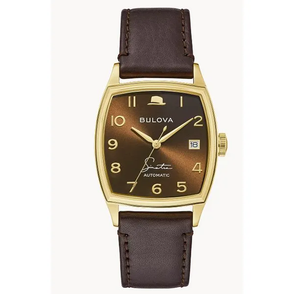 Bulova Men's Frank Sinatra "Young at Heart" Collection Gold Tone Brown Leather Band Watch Puckett's Fine Jewelry Benton, KY