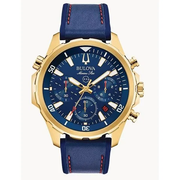 Bulova Men's Marine Star Quartz Navy Strap Gold Case Watch Puckett's Fine Jewelry Benton, KY