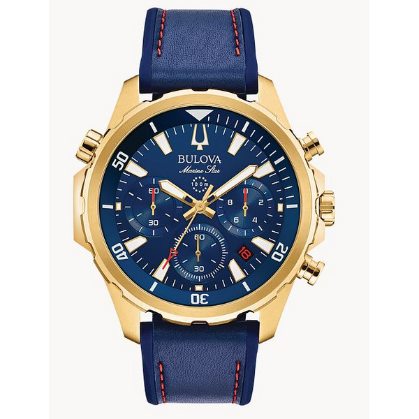 Bulova Men's Marine Star Quartz Navy Strap Gold Case Watch