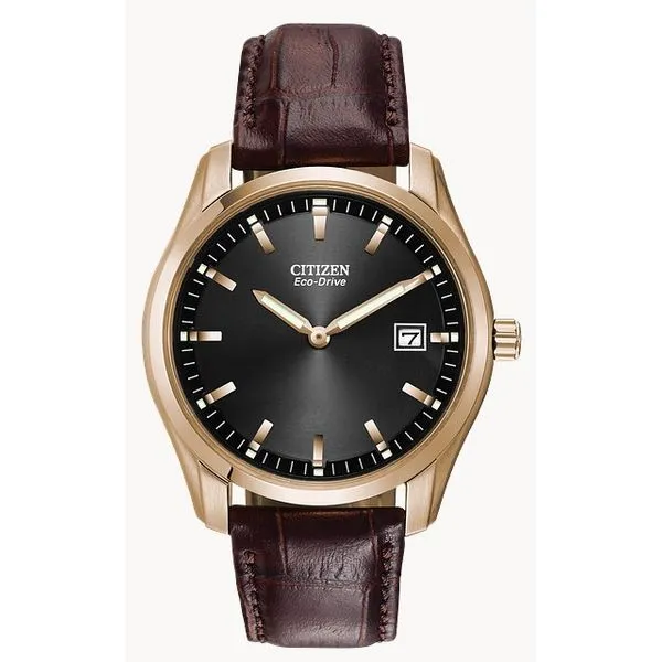 Men's Citizen Watch Eco Drive Brown Leather Strap Stainless/Rose Case Black Face Date WR Watch Puckett's Fine Jewelry Benton, KY