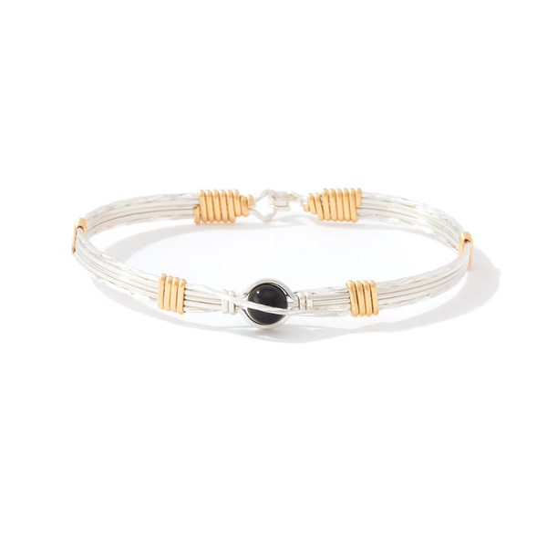 Ronaldo Remembrance Bracelet, Sterling Silver With Gold Artisan Wire Wrap, Black Onyx, Size 7.25
