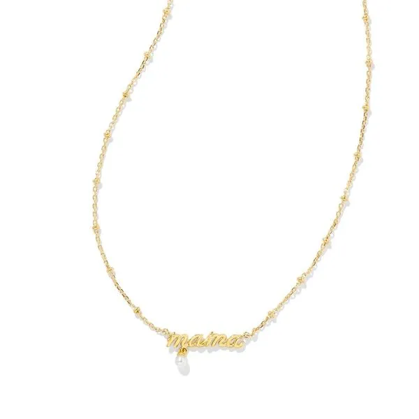 KENDRA SCOTT MAMA SCRIPT NECKLACE GOLD WITH WHITE PEARL DROP Puckett's Fine Jewelry Benton, KY