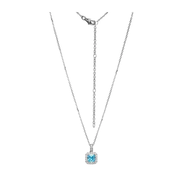 Elle Sterling Silver Halo Pendant With Clear Cubic Zirconia and Blue CZ Center, 17" + 3" Extension Cable Chain Puckett's Fine Jewelry Benton, KY