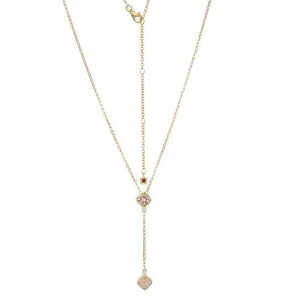 Elle Sterling Silver/Yellow Gold Plated Lariat Style Necklace With White Topaz and Pink Amethyst 18