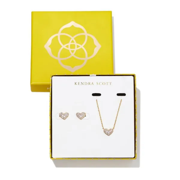 Kendra Scott Ari Heart Gold Pave Crystal Pendant & Stud Gift Set in White Crystal Puckett's Fine Jewelry Benton, KY