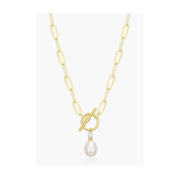 Monte Lune Lab Created Diamond and Freshwater Pearl Toggle-Look Paperclip Necklace, Sterling Silver and Yellow Gold Plated, 1/20CT TWT Puckett's Fine Jewelry Benton, KY