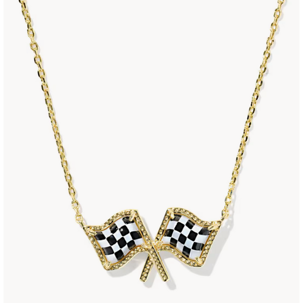 Kendra Scott Checkered Flag Short Pendant/Necklace Gold White Mother of Pearl Puckett's Fine Jewelry Benton, KY