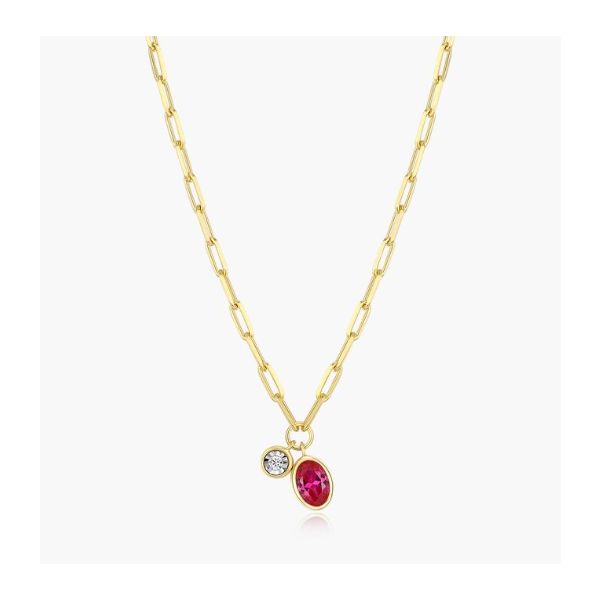 Monte Luna Birthstone Necklace, July, Lab Created Ruby and Lab Diamond Mini Paperclip Necklace in Yellow Gold Plated Sterling Silver Puckett's Fine Jewelry Benton, KY
