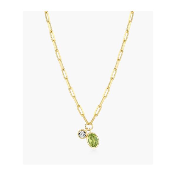 Monte Luna Birthstone Necklace, August, Peridot and Lab Grown Diamond, Mini Paperclip Necklace in Yellow Gold Plated Sterling Silver Puckett's Fine Jewelry Benton, KY
