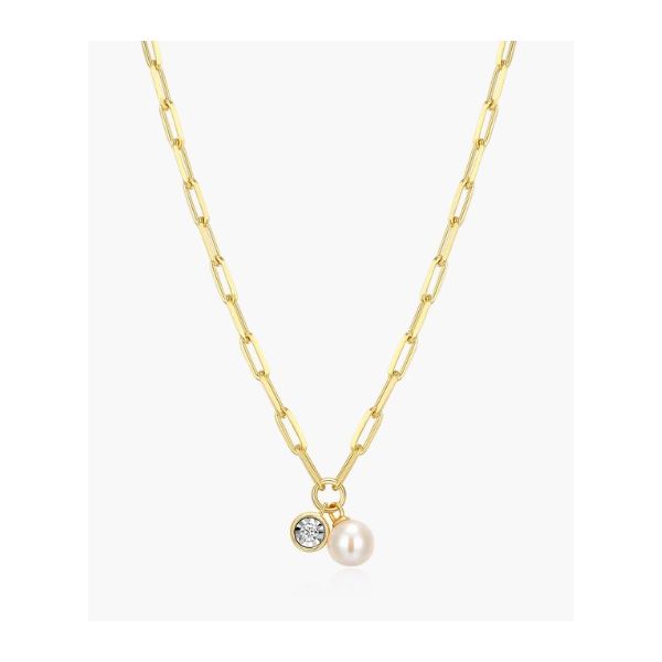 Monte Luna Birthstone Necklace, June, Freshwater Pearl and Lab Diamond, Mini Paperclip Necklace in Yellow Gold Plated Sterling Silver Puckett's Fine Jewelry Benton, KY