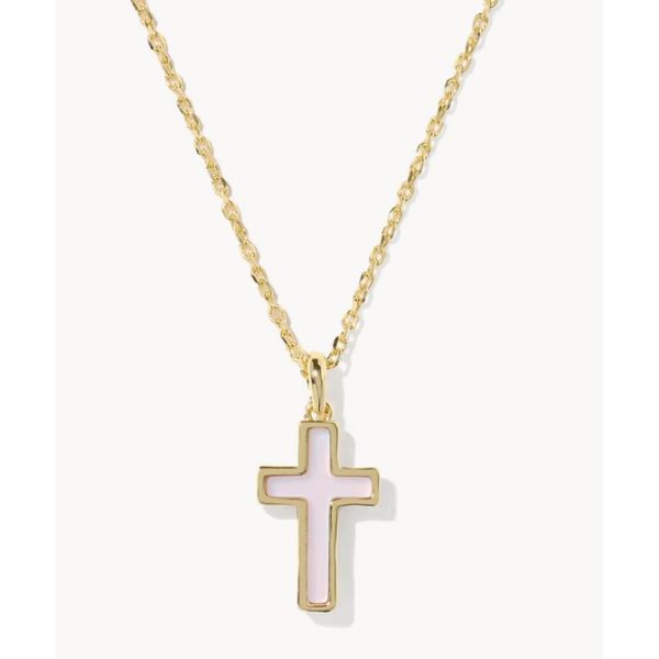 Kendra Scott Cross Gold Pendant Necklace Matte Blush Pink Dichroic Glass Puckett's Fine Jewelry Benton, KY