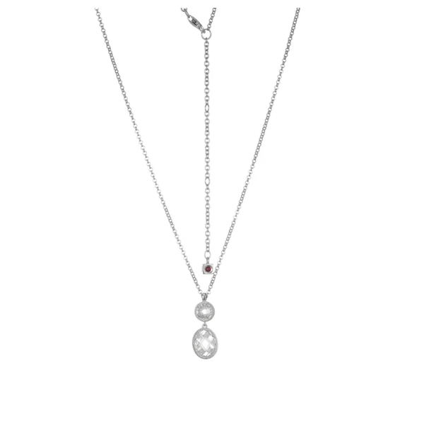 Elle Sterling Silver Necklace, Essence Collection With Two Checkerboard Cut Cubic Zirconia in Milgrain Frames, 17