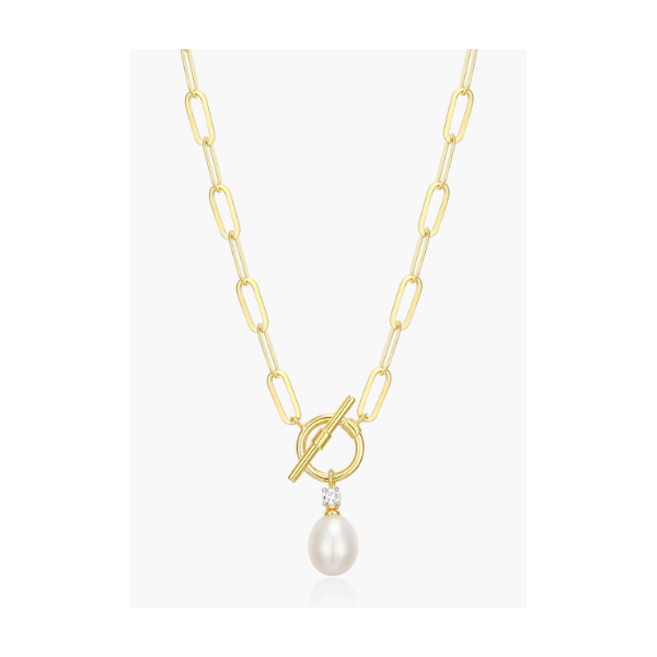 Monte Lune Lab Created Diamond and Freshwater Pearl Toggle-Look Paperclip Necklace, Sterling Silver and Yellow Gold Plated, 1/20CT TWT Puckett's Fine Jewelry Benton, KY
