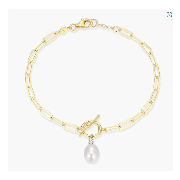 Monte Lune Lab Created Diamond and Freshwater Pearl Toggle-Look Paperclip Bracelet, Sterling Silver and Yellow Gold Plated, 1/20CT TWT Puckett's Fine Jewelry Benton, KY