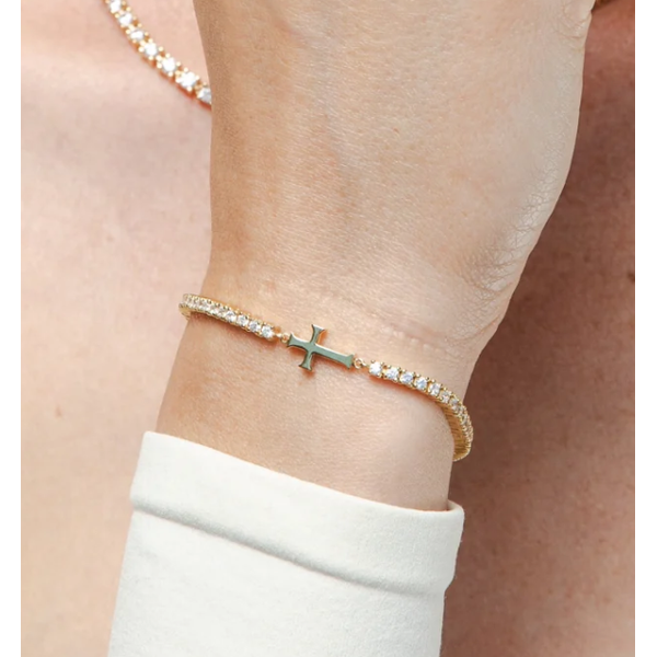 Rizen 18K Gold Plated Luminous Cross Tennis Bracelet with Cubic Zirconia – 7