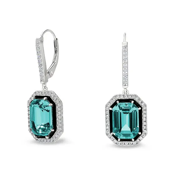 Kelly Waters Sterling Silver Earrings With Octagon Aqua Spinel and Black Enamel, Cubic Zirconia Puckett's Fine Jewelry Benton, KY