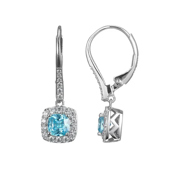 Sterling Silver ELLE "Radiance" Rhodium Plated Cushion Cut Blue and Clear Cubic Zirconia Halo Leverback Earring Puckett's Fine Jewelry Benton, KY