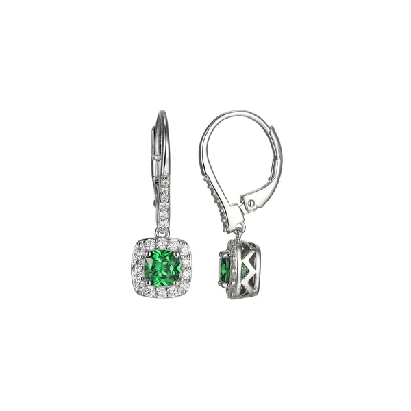 Elle Sterling Silver Lever Back Earrings With Cubic Zirconia Halo and Green CZ Center Puckett's Fine Jewelry Benton, KY