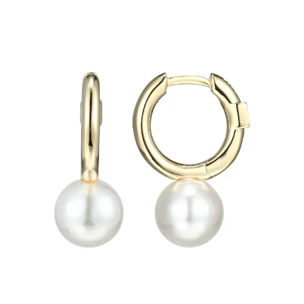 Elle Sterling Silver/Yellow Gold Plated Huggie Earring With 8mm White Shell Pearl Puckett's Fine Jewelry Benton, KY