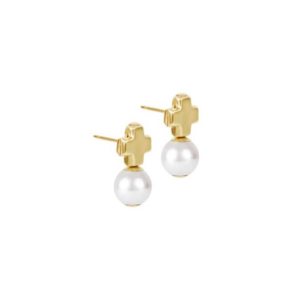 ENEWTON EARRINGS- SIGNATURE CROSS SMALL GOLD STUD - CLASSIC PEARL Puckett's Fine Jewelry Benton, KY