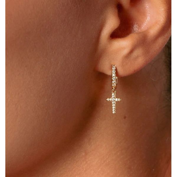 Rizen 18K Gold Plated Luminous Pavé Cross Huggie Hoop Earrings Image 2 Puckett's Fine Jewelry Benton, KY