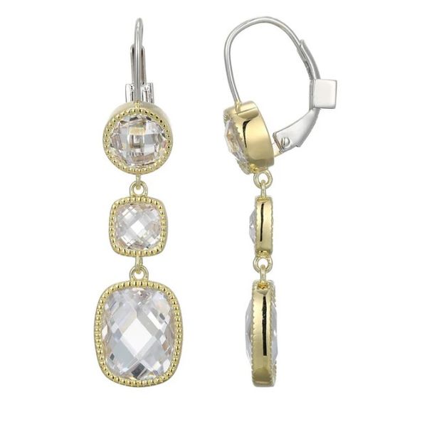 Elle Sterling Silver Rhodium and Yellow Gold Plated Dangle Earrings, Checkerboard Cut Elongated Cushion Cubic Zirconia, Leverback Style Puckett's Fine Jewelry Benton, KY