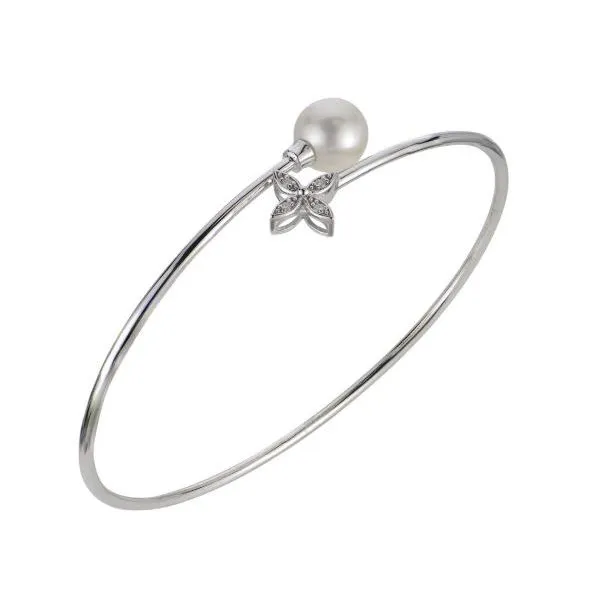 Sterling Silver Freshwater Pearl Bypass Bangle With Freshwater Pearl and Diamond Ends Puckett's Fine Jewelry Benton, KY