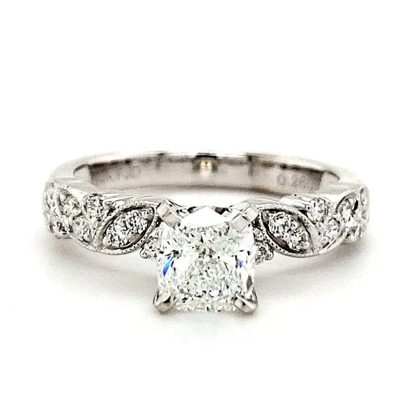 14K White Gold Milgrain Leaf Cushion Diamond Engagement Ring Image 2 Quality Gem LLC Bethel, CT