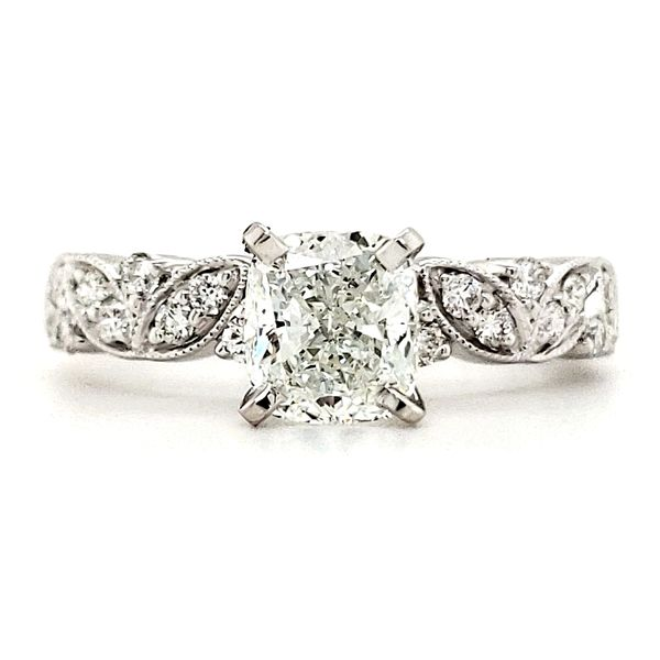 14K White Gold Milgrain Leaf Cushion Diamond Engagement Ring Quality Gem LLC Bethel, CT