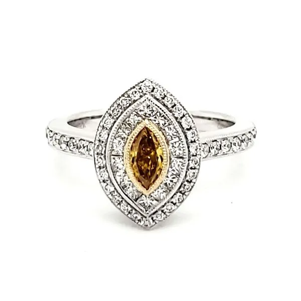 14K White Gold Fancy Intense Yellow Orange Marquise Diamond Double Halo Fashion Ring Quality Gem LLC Bethel, CT