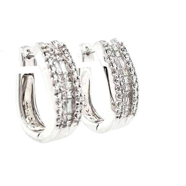 14K White Gold Baguette & Round Wide Diamond Hoop Earrings Image 3 Quality Gem LLC Bethel, CT