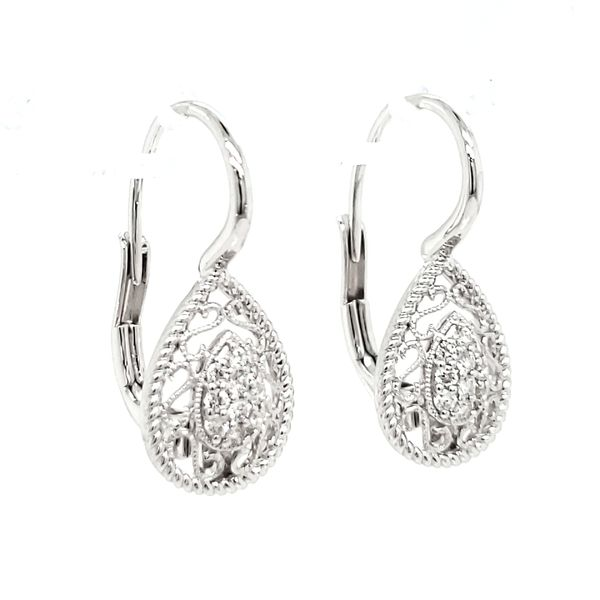 14K White Gold Pear Filigree Diamond Leverback Dangle Earrings Image 2 Quality Gem LLC Bethel, CT