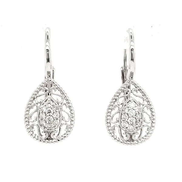 14K White Gold Pear Filigree Diamond Leverback Dangle Earrings Quality Gem LLC Bethel, CT
