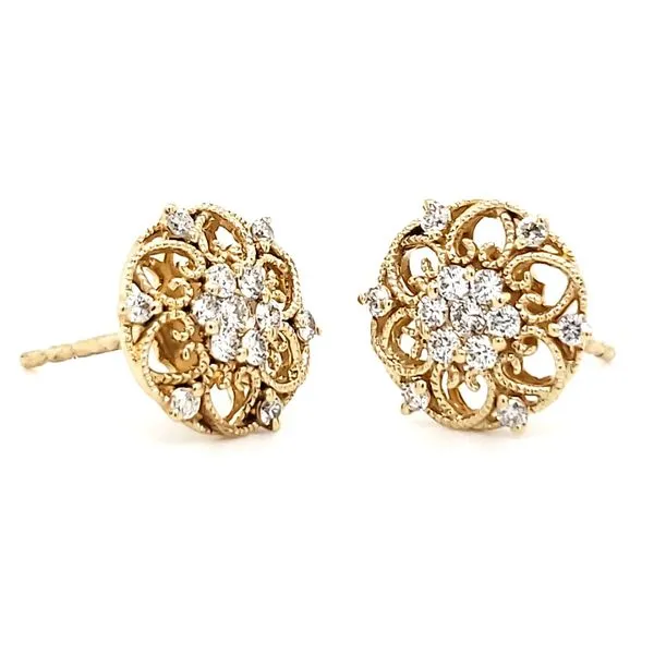 14K Yellow Gold Antique Styled Open Filigree Diamond Stud Earrings Image 2 Quality Gem LLC Bethel, CT
