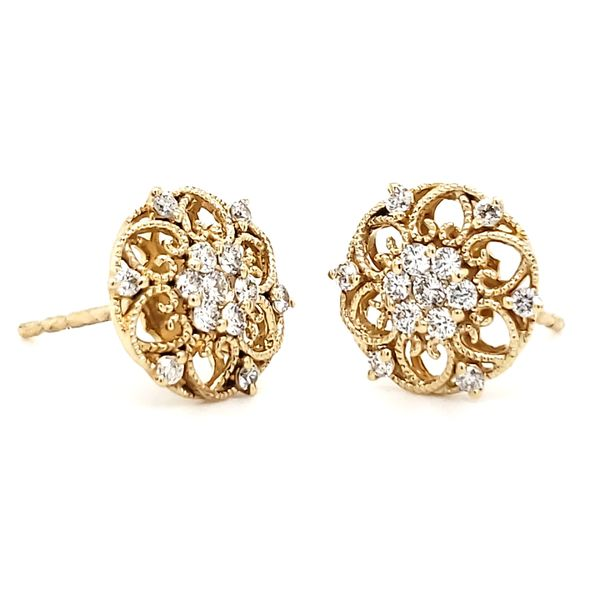 14K Yellow Gold Antique Styled Open Filigree Diamond Stud Earrings Image 2 Quality Gem LLC Bethel, CT